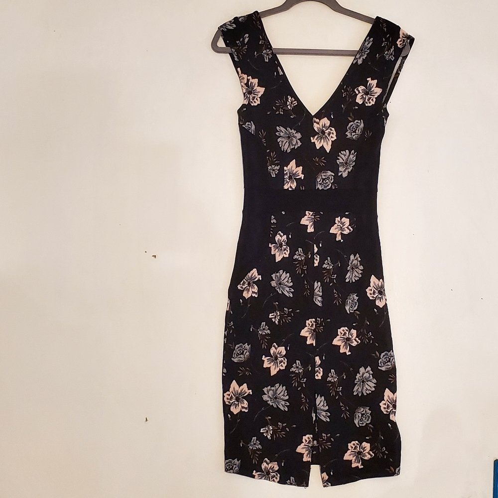 French Connection Zipper Floral Mini Dress Black Slimming Panels Size 6 Women - Picture 4 of 14